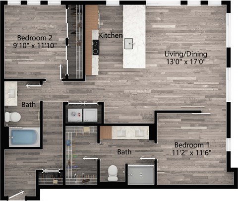 Floor plan for 2 beds, 2 baths, 1234 sqft